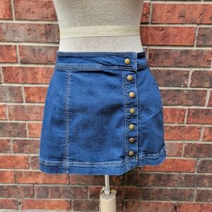 Free People Blue Denim Button Front Button A Line Mini Skirt Womens Sz 2
